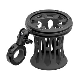 Tackform Black Motorcycle Drink Holder - Fits Bottles and Cans up to 3.25” in Diameter | Metal Enclosure with Rubber Net | BC3 Universal Clamp Fits 1-1/4" to 1-1/2" Handlebars | Short Reach Arm