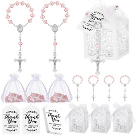 Yinkin 100 Pcs Baptism Favors Set Including 25 Mini Rosary Baptism Favors 25 Organza Bags with Drawstring 25 Thank Kraft Tags 25 Boxes for Christening Party Wedding Supplies Gifts(Pink)