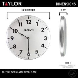 Taylor Indoor Outdoor Metal Wall Clock, Wireless Thermometer with Easy to Read Large Numbers for Patio, Pool, and Indoor Areas, 18-inch
