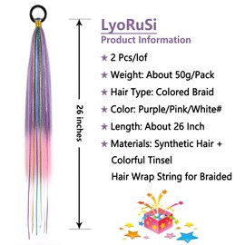 LyoRuSi 2 Pack Purple Pink Gradient Ponytail Extension 26 Inch Hair Tinsel Colored Braiding Ponytail with Elastic Tie Straight Sleek Wrap Around Braid Ponytail for Girls Women (Purple/Pink/White#)