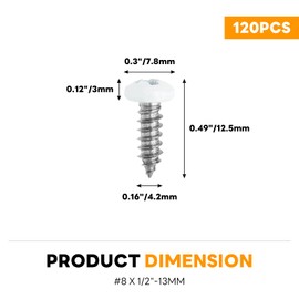 Semrien 120 Pcs White Screws, #8 x 1/2" White Self Tapping Screws White Wood Screws, Stainless Steel White Pan Head Screw Phillips Sheet Cabinet Screws for Wood, Wall Plates, Book Shelf (#8 x 1/2")