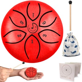 Steel Tongue Drum 3 Inch 6 Notes C-Key Handpan Drum Percussion Instrument Ethereal Drum with Cloth Bag,Music Book and Mallets, Music Gift for Kids(3 inch, Red)