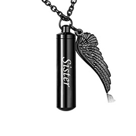 MEMORIALU Black Bullet Urn Necklaces for Ashes Sister Angel Wing Charm Cremation Jewelry Girls Stainless Steel Keepsake Memorial Pendant