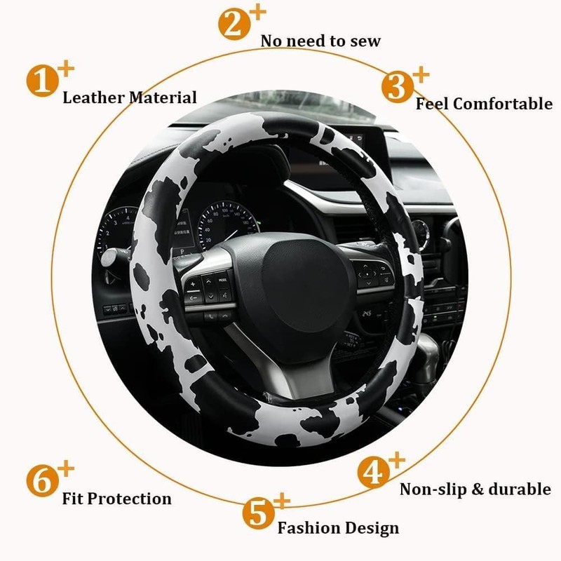 AUTOXBERT 3Pcs Cow Print Steering Wheel Cover Set 15Inch Wheel