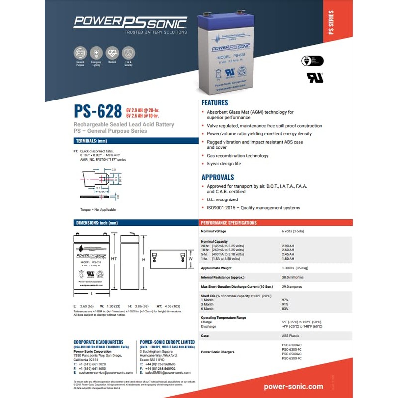 Power-Sonic 6V/2.9AH batería de plomo ácido sellada con terminal F1
