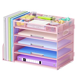 Marbrasse 5-Tier Desk Organizer with File Holder,Paper Letter Tray Organizer,Desktop File Organizer with Adjustable Compartments,Mesh Desk Organizers and Accessories for Office Supplies,Pink