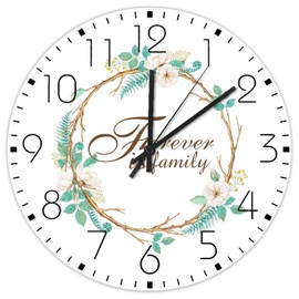 Autravelco Wood Wall Clocks Non-Ticking Sweep Movement Forever is Family Rustic Wall Clocks Garland Art Green Leaves Home Decor for New Home Living Room Church 10 Inch