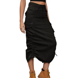 IDEALSANXUN Long Cargo Skirts for Women Trendy 2025 Midi Denim Jean Skirt Y2k Clothing (Black, S)