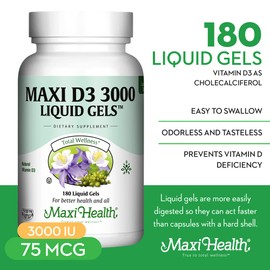 Maxi Health Vitamin D3 3000 IU 75 mcg Vitamin D Supplement for Healthy Bones, Teeth, Immune Support - VIT D3 Supplement Easy to Swallow Non-GMO, Supplement for Men and Women – Kosher 180 Gels