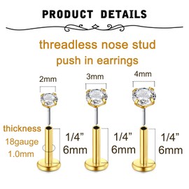 QWALIT Threadless Nose Ring Nose Studs 18g Nose Stud 18 Gauge Nose Stud Stainless Steel Nose Piercing Stud Gold Stud Nose Ring Push in