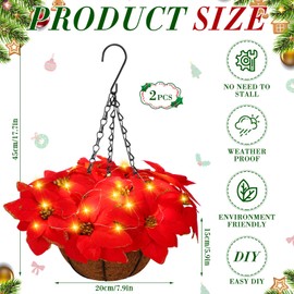 HyDren 2 Pack Pre Lit Artificial Poinsettia Flowers Christmas Hanging Basket 2 Pcs Colorful LED String Lights for Indoor Outdoor Garden Patio Porch(Red and Gold)