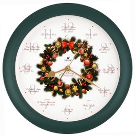 JUSTIME 14-inch 12 Song of Carols of Christmas Wreath Melody Wall Clock Christmas Musical Clock Chime Wall Clock in Wall Christmas Home Decor Wall Deco Round Wall Clock Green