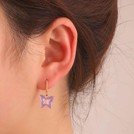 Cimenexe Bohemian Enamel Butterfly Dangle Earrings Gold Hollow Hoop Earrings Purple Enamel Butterfly Drop Earrings Acrylic Butterfly Earrings Jewellery for Women and Girls, Zinc, No Gemstone