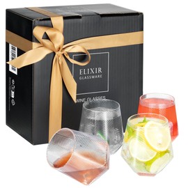 ELIXIR GLASSWARE Ribbed Stemless Wine Glasses - Durable No Stem Wine Glass Set of 4 - Unique Cool Diamond Design Decorative Tumbler - Dishwasher Safe - For Red and White Wines