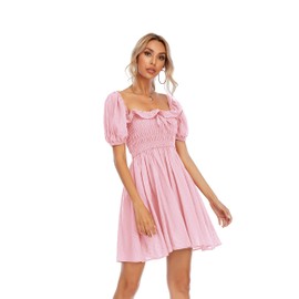 R.Vivimos Women's Summer Cotton Short Sleeve Square Neck Elastic Smocked Ruffle Floral Print Swing Mini Dress (Large, Pink)