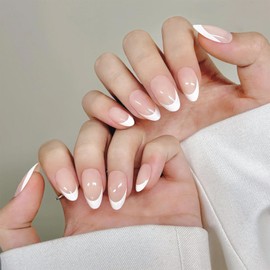 24Pcs French Tip False Nails - Short Almond Press on Nails - Fit Perfectly French Tip Nails Short Fake nails - Removable Full Cover Short Almond nails for Women