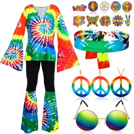 Jiuguva 17pcs 60s 70s Outfits for Women Hippie Costume Set Disco Outfit (Rainbow,X-Large)