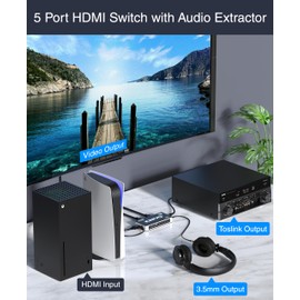 Kinivo HDMI Switch with Audio Extractor 560BNT (5 in 1 Out Hub, Toslink Optical Audio Port, SPDIF, 4K 60Hz Switcher, 18Gbps, IR Remote) - Compatible with Gaming Console, Cable TV, PC, Dolby Digital