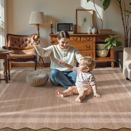 Lahome Scalloped 9x12 Area Rugs for Living Room Bedroom, Soft Washable Rugs 9x12 Ultra-Thin Non-Slip, Modern Dining Room Rug Non-Shedding Accent Carpet for Nursery Office, Mauve/Pink