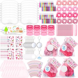 Daifunli 256 Pcs Eye Mask Sleepover Party Supplies Include White Eye Sleep Shade Blindfold Fabric Marker Pens Hair Band Scrunchies Comb Keychains Graffiti Mirrors Stickers Cards Organza Bags for Women