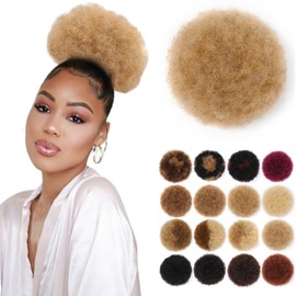 Fullart Afro Puff Ponytail for Black Women, #27 Honey Blonde 100% Human Hair Naturally Styled Hairpiece Clip On Kinky Drawstring Curly Ponytail Bun