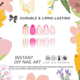 French Tip Press on Nails Medium Almond MABKJLF Fake Nails Pink False Nails with Floral Stars Leopard Print Pearls Designs Full Cover Glossy Glue on Nail for Women Girls 24Pcs