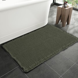 SHIMOH Upgraded Waffle Bath Mat – Ultra Soft, Super Absorbent & Non-Slip Rug with Tassels, Machine Washable, Rubber Backed for Bathroom, Hallway Runner, Kitchen and More (Dark Green, 18" X 30")