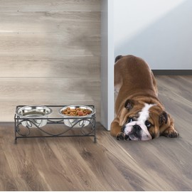 Relaxdays Dog Bowl Set with Holder, Bowl Stand Dogs & Cats, 2 Stainless Steel Bowls 300 ml Each, Feeding Bar, Black/Silver