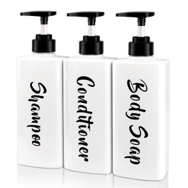 AUMIO 16.9oz Shampoo and Conditioner Dispenser, Refillable Shampoo Bottles with Pump, Empty Plastic Body Wash Dispensers for Bathroom, Printed Soap Bottle for Body and Conditioner (White, Set of 3)
