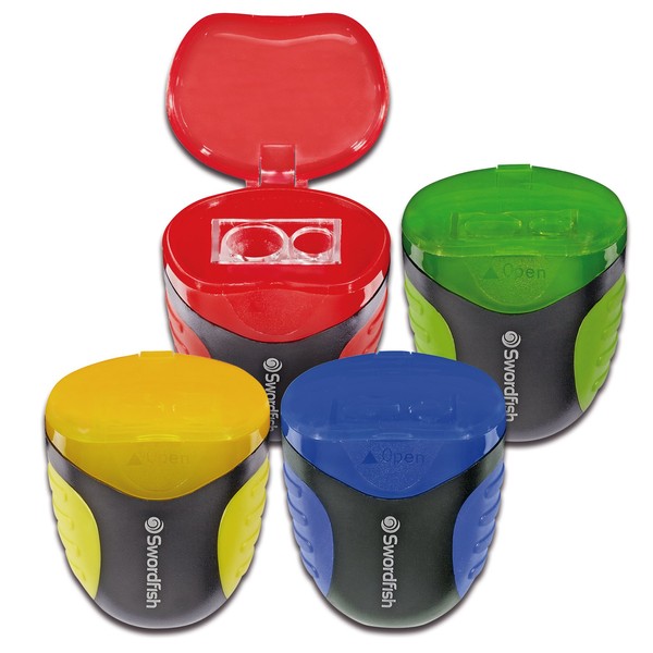 Swordfish "Canister Flip" Double Hole Canister Pencil Sharpener [Pack of 1] Assorted Colours [40291], Yellow,Blue,Green,Red