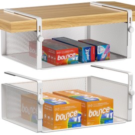 AmonHouseware 2Pack Under Shelf Basket Organizer,Adjustable Hanging Holder for Cabinet Pantry Kitchen Cupboard Desk Counter Bookshelf Organization Add-on Space Saver Heavy Duty Slide-in (White, Large)