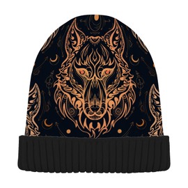 ALAZA Wolf Head Boho Bohemian Tribal Beanie for Women Men Winter Hat Reversible Skull Cuffed Knit Cap Multi