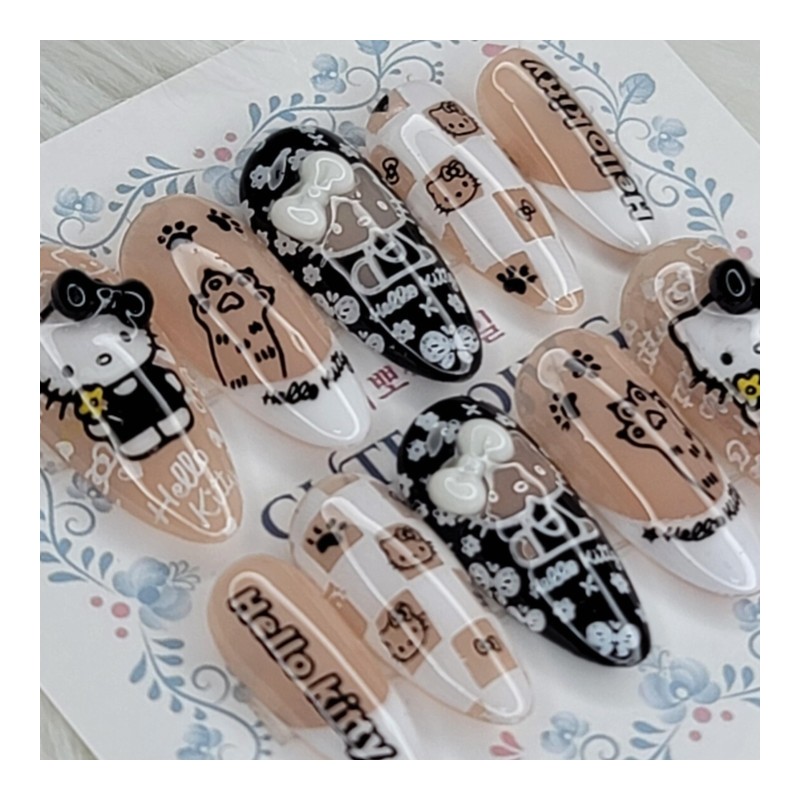 Black Ribbon Meow's Handmade Nail Tips - Square S /