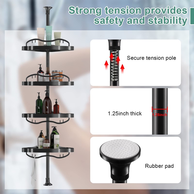 COCONUT Shower Caddy Tension Pole, 54-114 Inch Rustproof Corner Shower