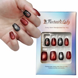 Fantasticlady Glue on Nails Short,Red Fireworks Cat Eye,Press on Nails Short Square,Short Fake Nails,False Nails Short,Acrylic Nails Press on,Short Nails Press on,Natural Nails for Women.