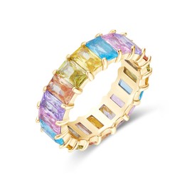 AFFY Eternity Rainbow Ring 18K Gold Plated Emerald-Cut Multi Color AAA Created-Gemstone Rainbow Ring, Stackable Ring, Wedding Band for Women, Mother's Day Gift For Her, Ring Size - 6, Metal, Cubic