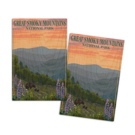 Great Smoky Mountains National Park, Tennessee, Bear and Cubs with Flowers Press (4x6 Birch Wood Postcards, 2-Pack Stationary, Rustic Home Wall Decor)