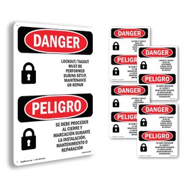 Lockout Tagout Setup Maintenance Bilingual OSHA Danger Rigid Plastic Sign 10 Inch x 7 Inch - 5 Pack