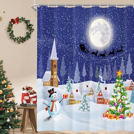 XZTXBest Christmas Shower Curtain,Winter Christmas Moon Snowman Christmas Tree,Winter Shower Curtain for Party Decorative,Shower Curtain Set with 12 Hooks,72" W x 72" H