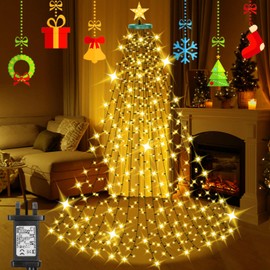Laybasic Christmas Tree Lights with Topper Star & Ring, 2m x 16 Strands 400 LEDs Xmas Tree Waterfall Lights, with Timer 8 Modes Memory, for 6-8ft Christmas Tree, IP44 Waterproof for Indoor Outdoor