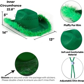 Funcredible Green Cowboy Hat and Glasses – Fluffy Cowgirl Hat with Star and Feathers for Festivals & Concerts – Cowgirl Costume Accessories for Women and Men