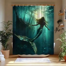 Mermaid Shower Curtain Vintage Fairy Tales Underwater Shipwreck Fantasy Nautical Pirate Ship Treasure Turquoise Ocean Bath Polyester Bathroom Curtains Set with Hooks 70"x70"