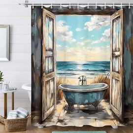 Beach Coastal Shower Curtain, Teal Ocean Sunrise Seaside Seascape Nautical Beachy Shower Curtain Set, Rustic Barn Door Seashore Fabric Shower Curtain for Bathroom 12 Hooks, 69"×70" Turquoise