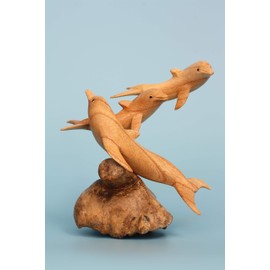 G6 Collection Hand Carved Wooden Dolphin Figurine, Tropical Nautical Coastal Home Decor Accent, Handcrafted Seaside Ocean Decoration, Decorative Wood Sculpture or Statue (3 Dolphins)