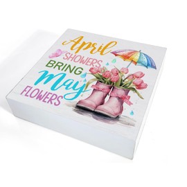 Hiagkmet Spring Decor Spring Wooden Sign, Farmhouse April Showers Bring May Flowers Wood Plaque Block Sign Rustic Home Decor 5 x 5 Inches