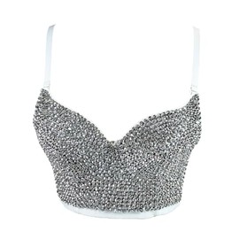 VEENDEO Women's Bustier Crop Top Mesh Corset Top Push up Rhinestone Diamond Bra Club Party Vest (#2 White, S)