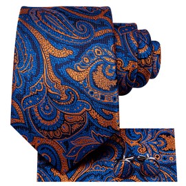 Hi-Tie Mens Orange and Blue Tie Set Silk Necktie Woven Ties with Pocket Square Cufflinks Set for Wedding Party