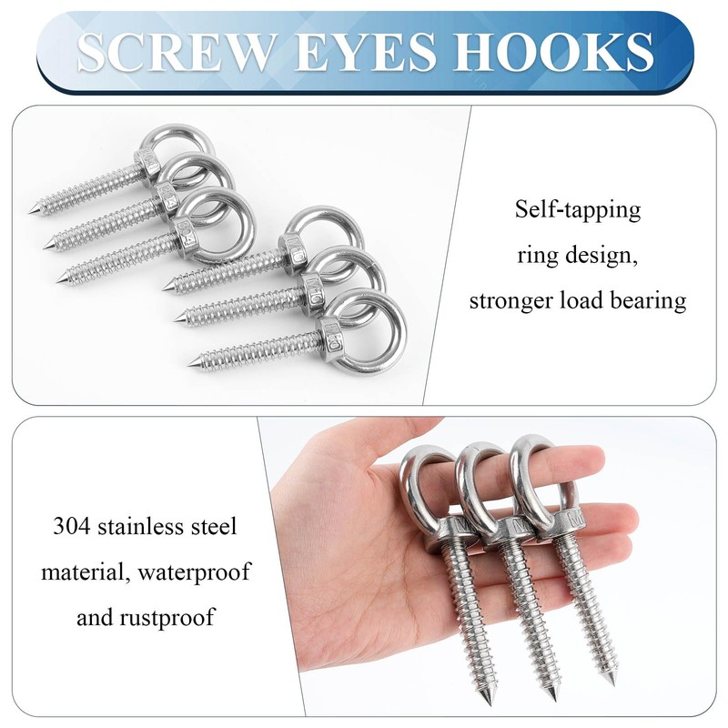Supkiir 6Pcs 4Inch Heavy Duty Screw Eyes Hooks, M10 Self