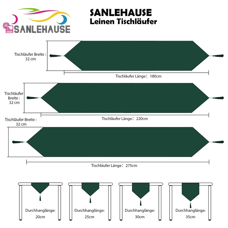 SANLEHAUSE Table Runner Linen Dark Green 32 x 220 cm,