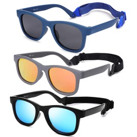 Flexible Polarized Baby Sunglasses with Strap Adjustable for Toddler & Newborn Infant 0-18 Months (Blue/Gray + Black/Blue + Gray/Orange) - 3 Pack